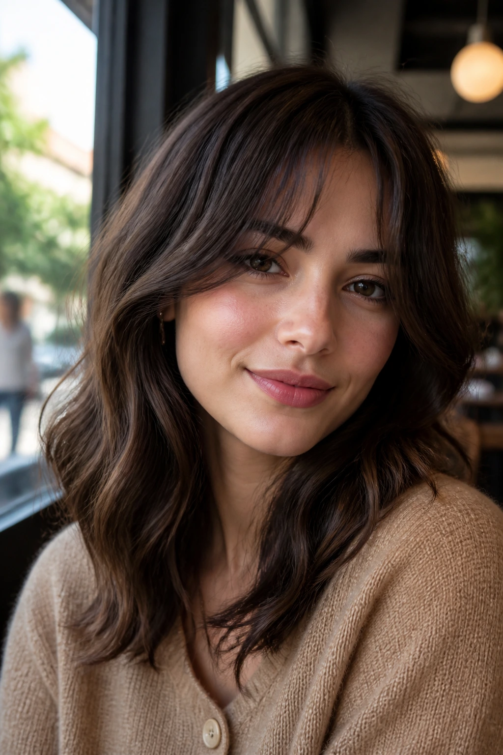 Close-up of a real woman with curtain bangs flowing into loose waves along the cheekbones.