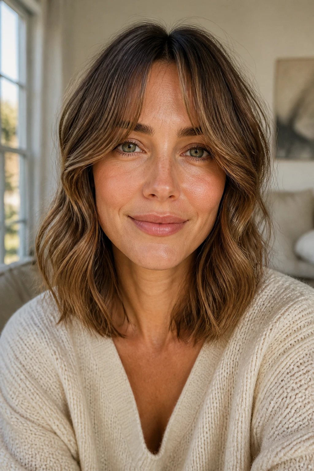 Close-up of a real woman with curtain bangs and shoulder-length waves near a window