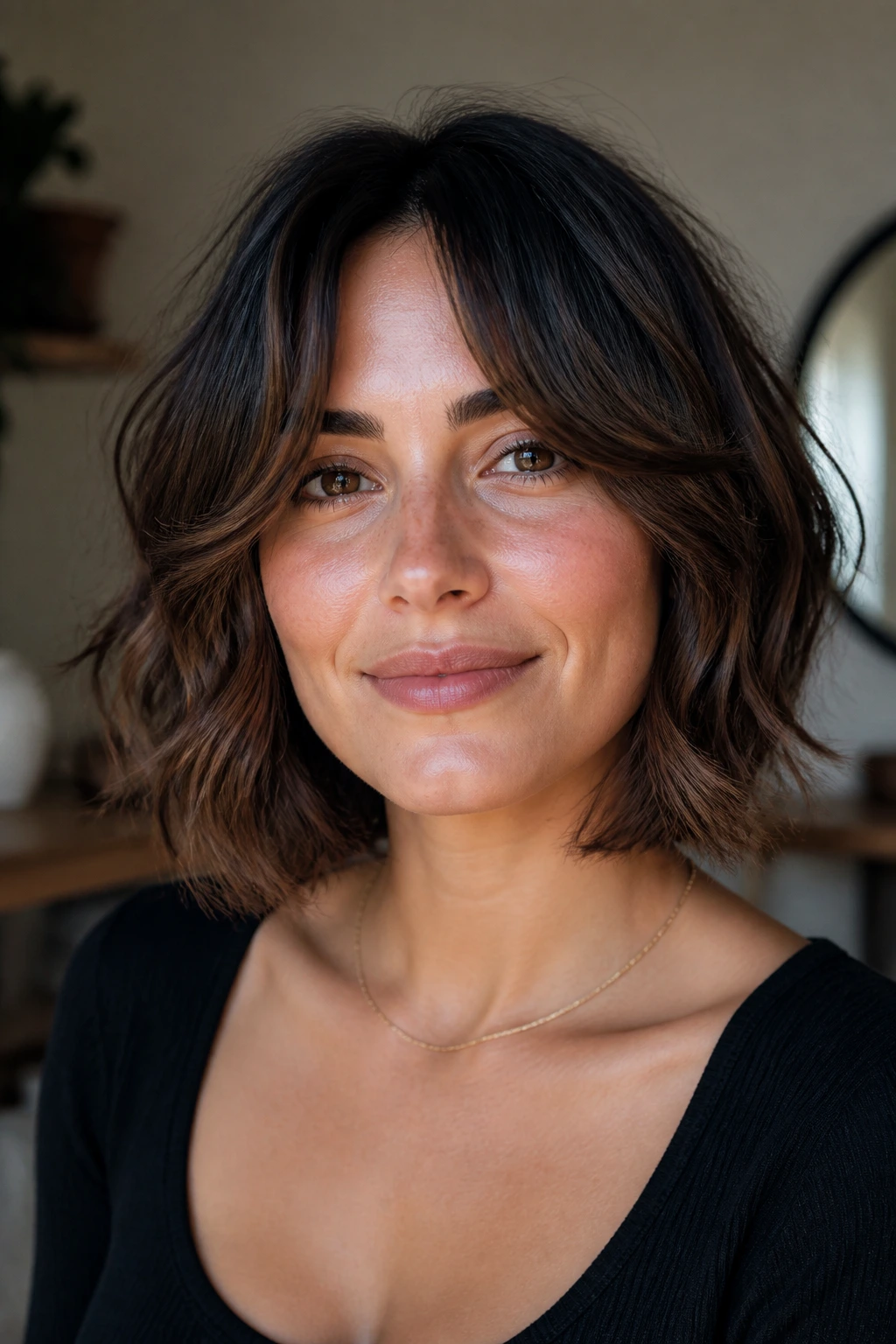 Real person with curtain bangs and a wavy bob framing the face.