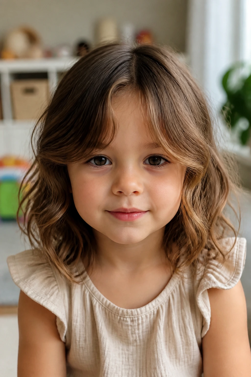 Close-up of toddler with curtain bangs and wavy lob hairstyle