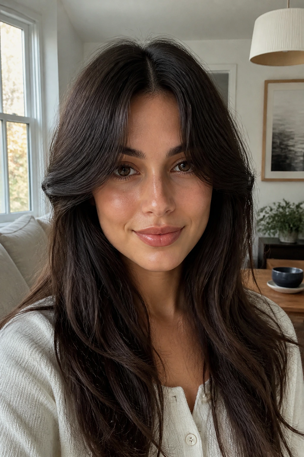 Close-up portrait of a real woman with deep-set curtain bangs and a wide center part in natural window light.