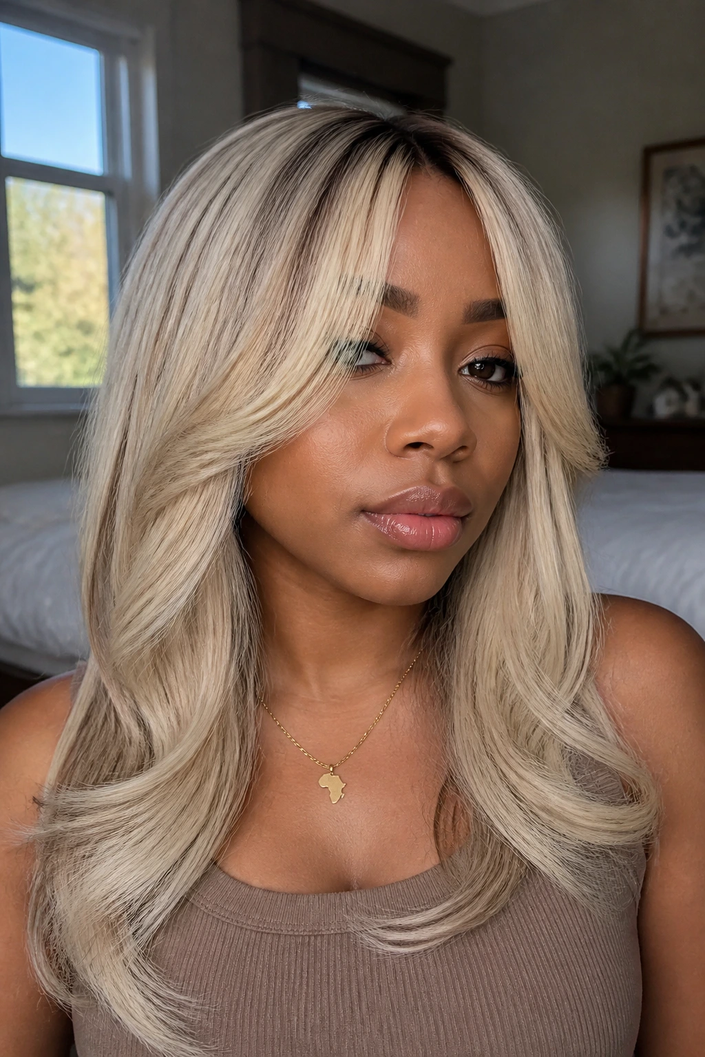 Real woman wearing face-framing curtain bang wig with ice blonde shade