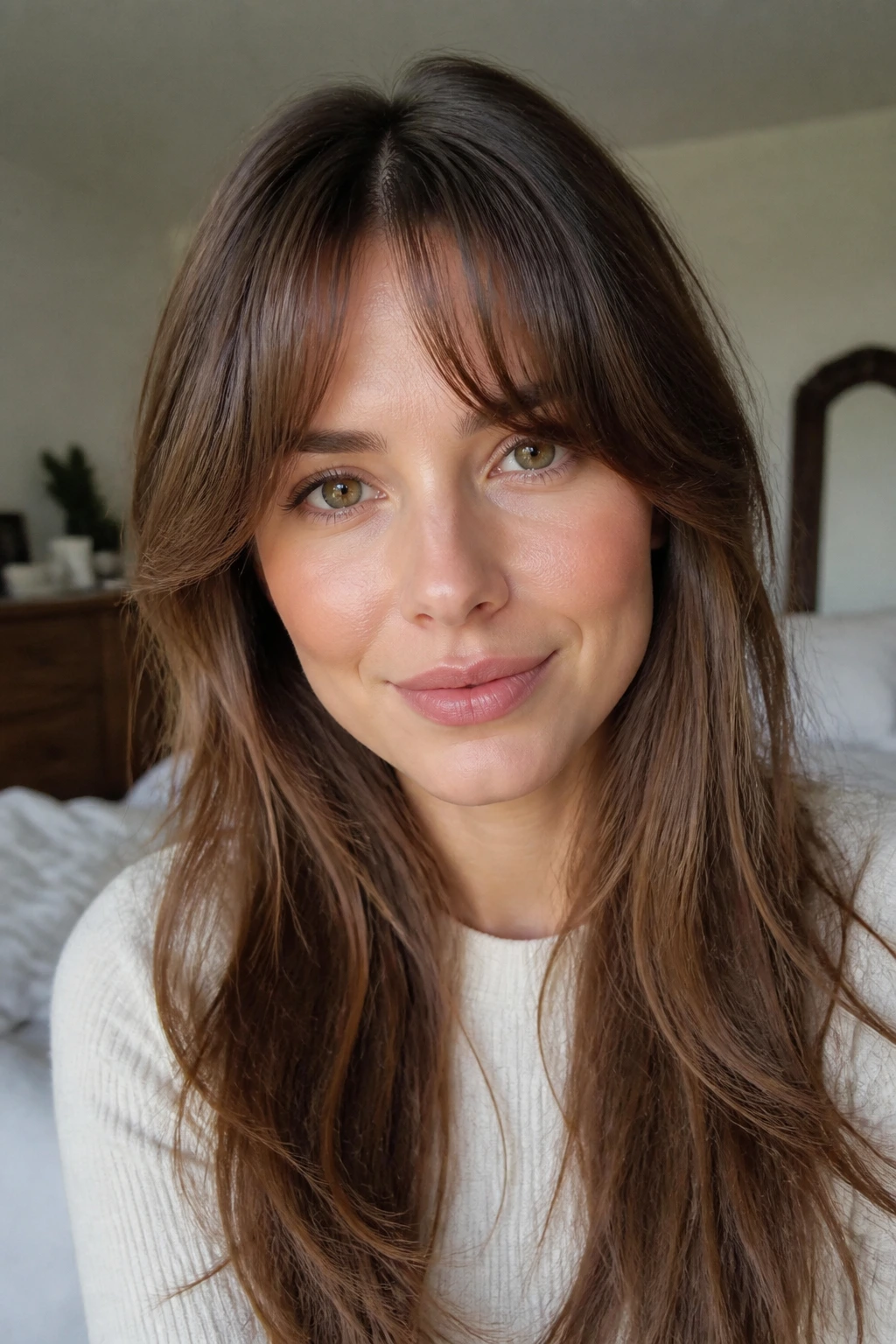 Portrait of a real woman with wispy curtain bangs and an airy flip.