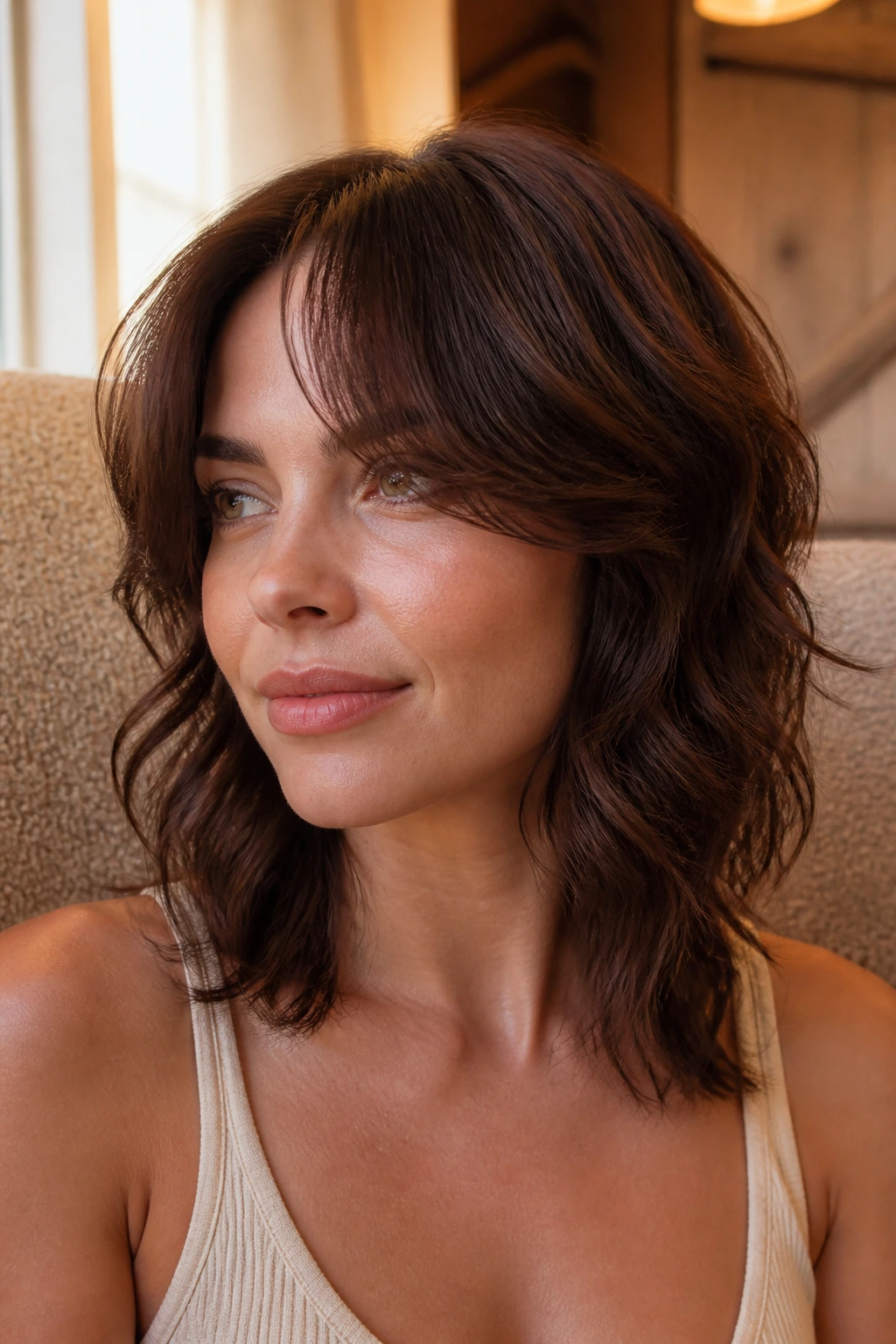 Close-up of real woman with curtain bangs and collarbone-length wolf cut.