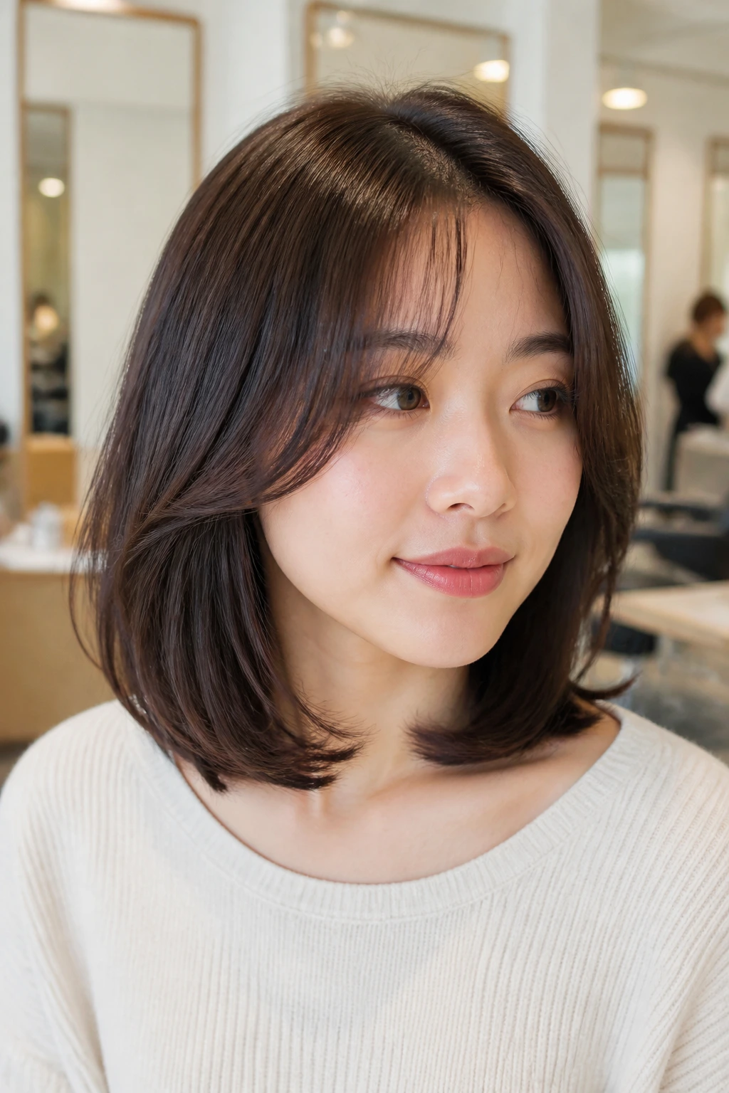 Portrait of Asian woman with shoulder-length curtain bob