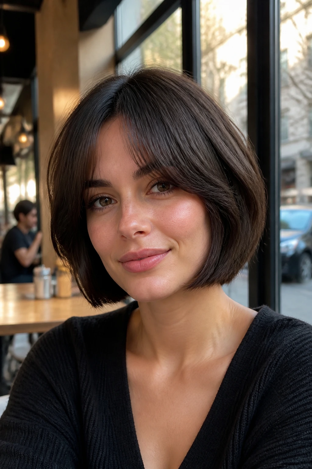 Real woman with curtain bangs and bob in bright cafe light