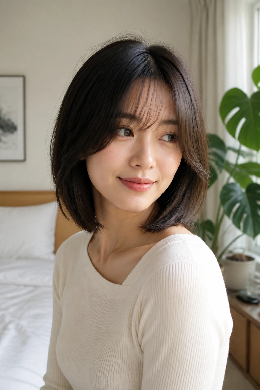 Portrait of woman with sharp Asian curtain bob at home