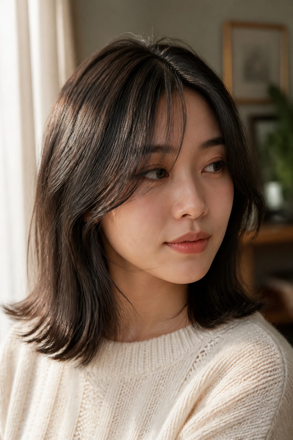 Close-up portrait of a real woman with a shoulder-length curtain bob and soft fringe