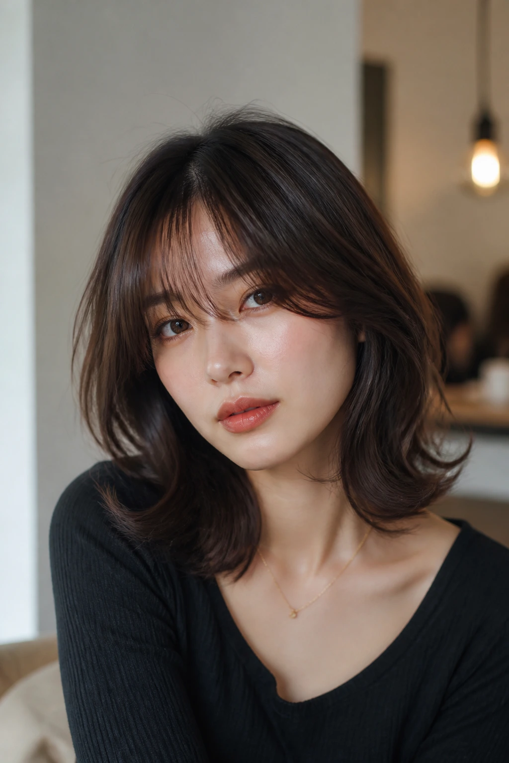 Portrait of woman with shoulder-length curtain bob styled for waves