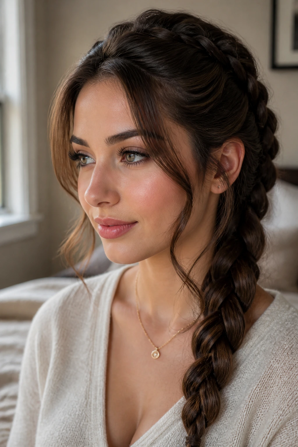 Close-up of a real woman with curtain pieces framing her face in a French Braid