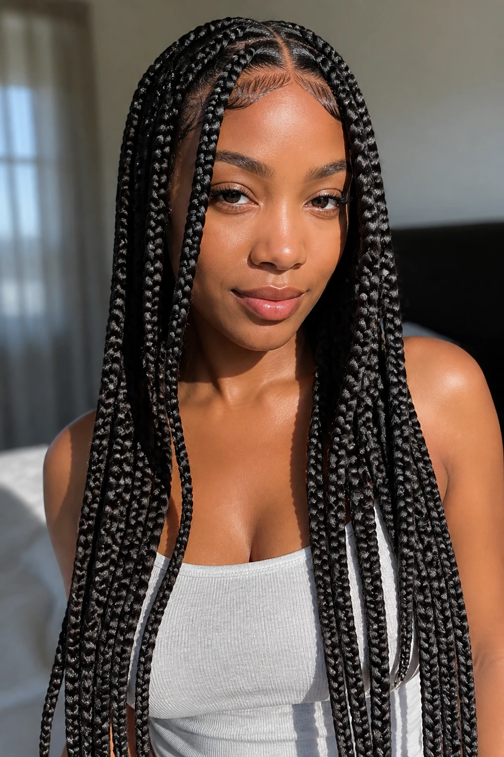 Close-up of a real woman with a long curtain braid frame and minimal baby hairs