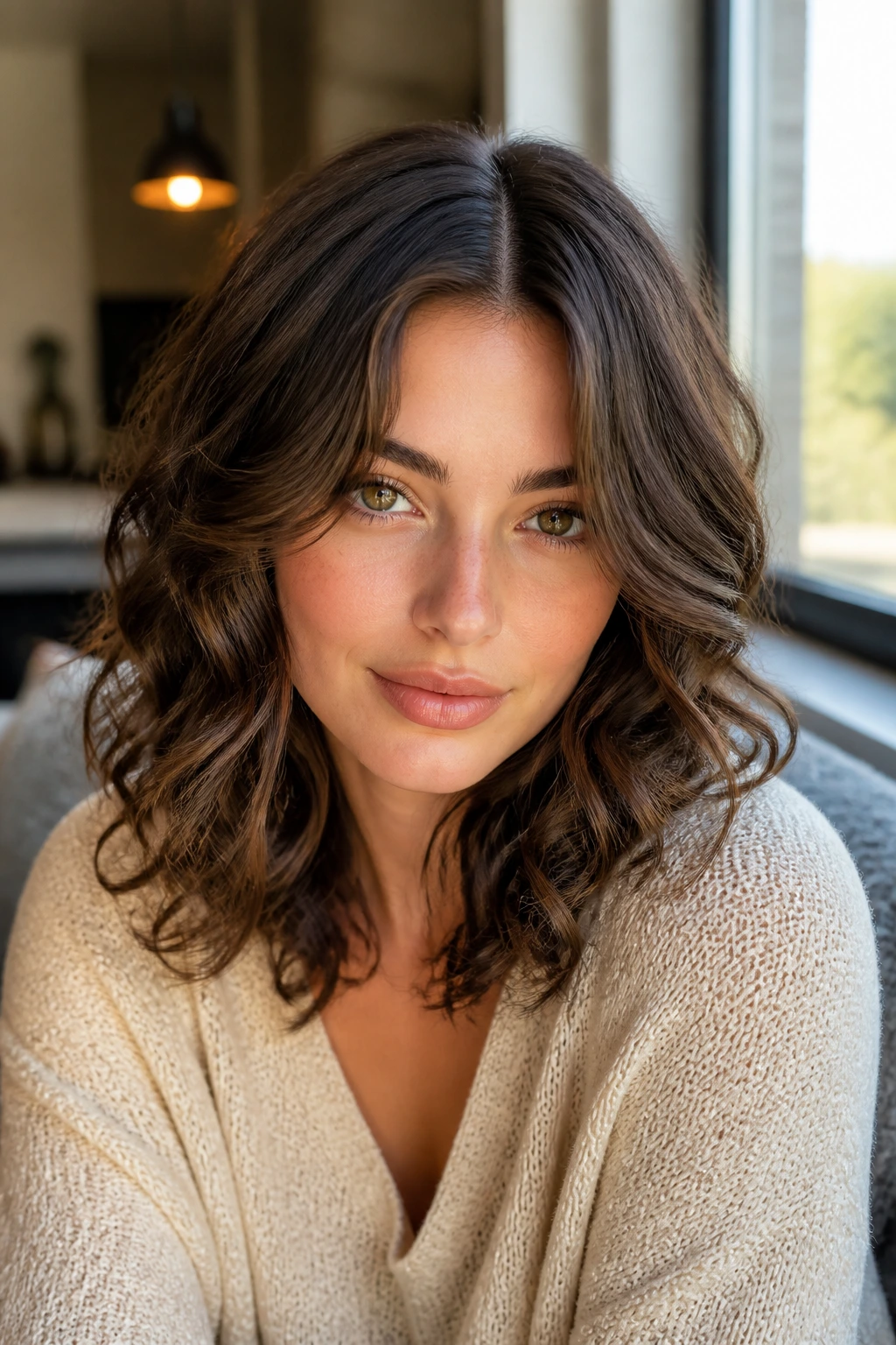 Close-up of a real woman with middle-part curtain curls framing the face