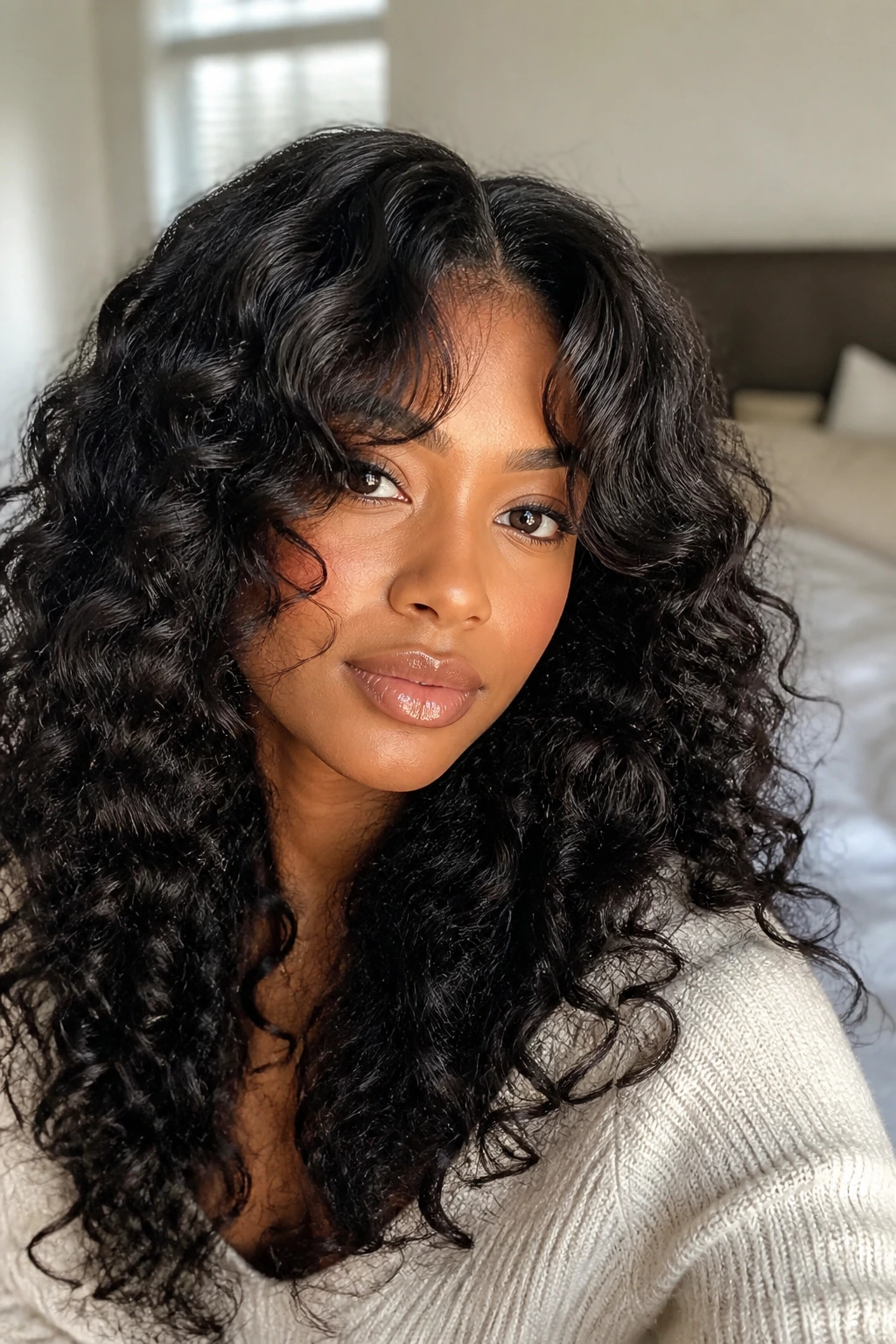 Close-up portrait of a real woman with curtain bang curls framing the cheekbones in soft natural light