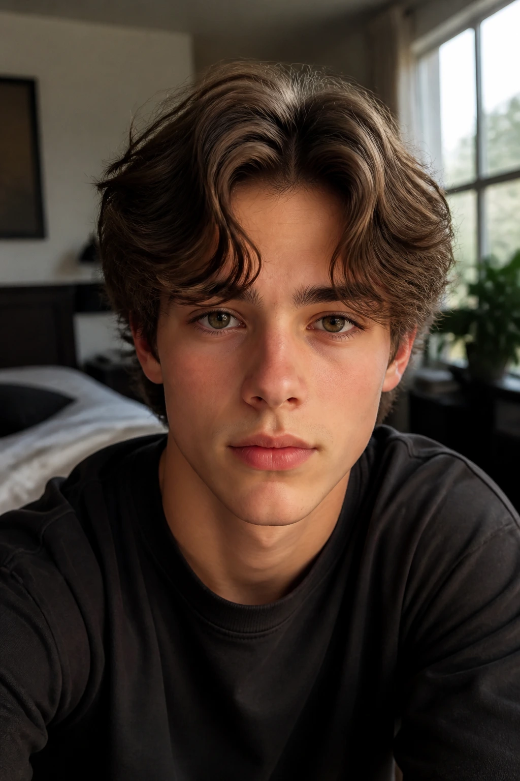 Close-up portrait of a real boy with curtain cut center part in a window-lit room.