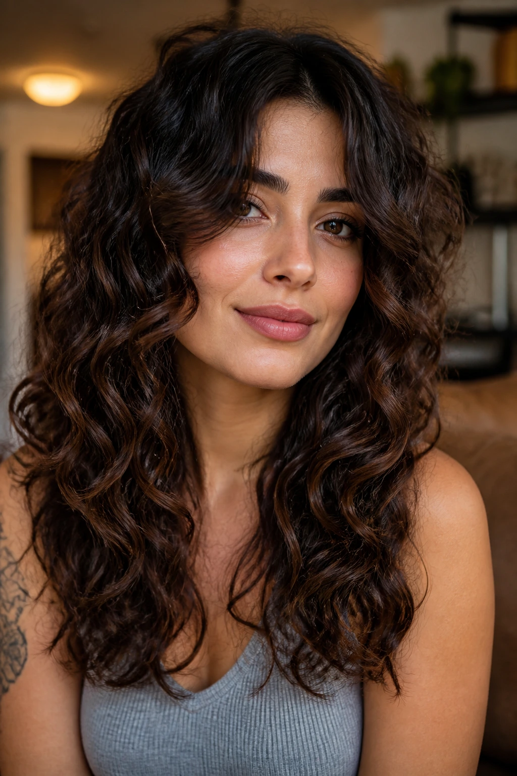Close-up portrait showing curtain cut starting below cheekbone curving away from cheeks