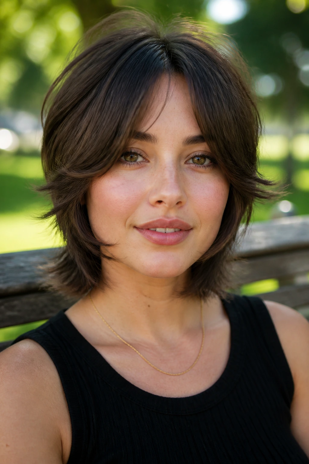 Close-up of a real person with curtain-flip shag for round faces.