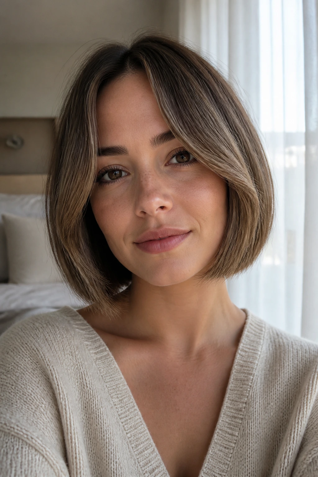 Close-up of a real woman with curtain-frame chin-length bob framing the face