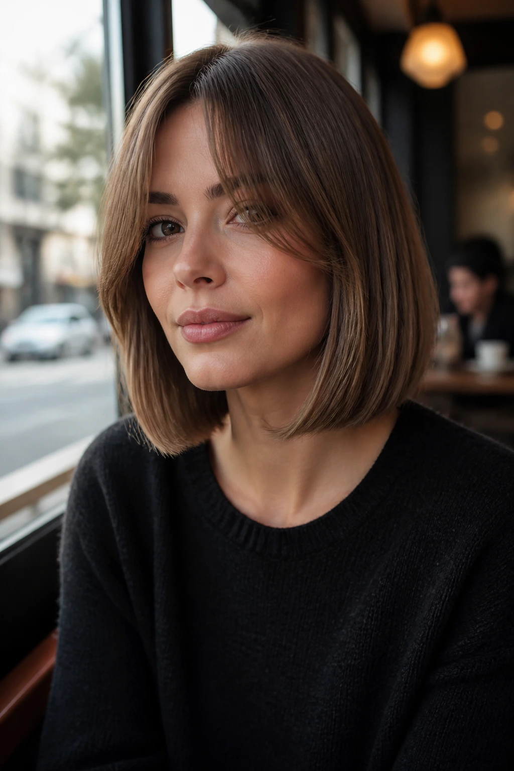 Close-up of a real person with curtain-frame bob featuring long curtain bangs framing the cheeks