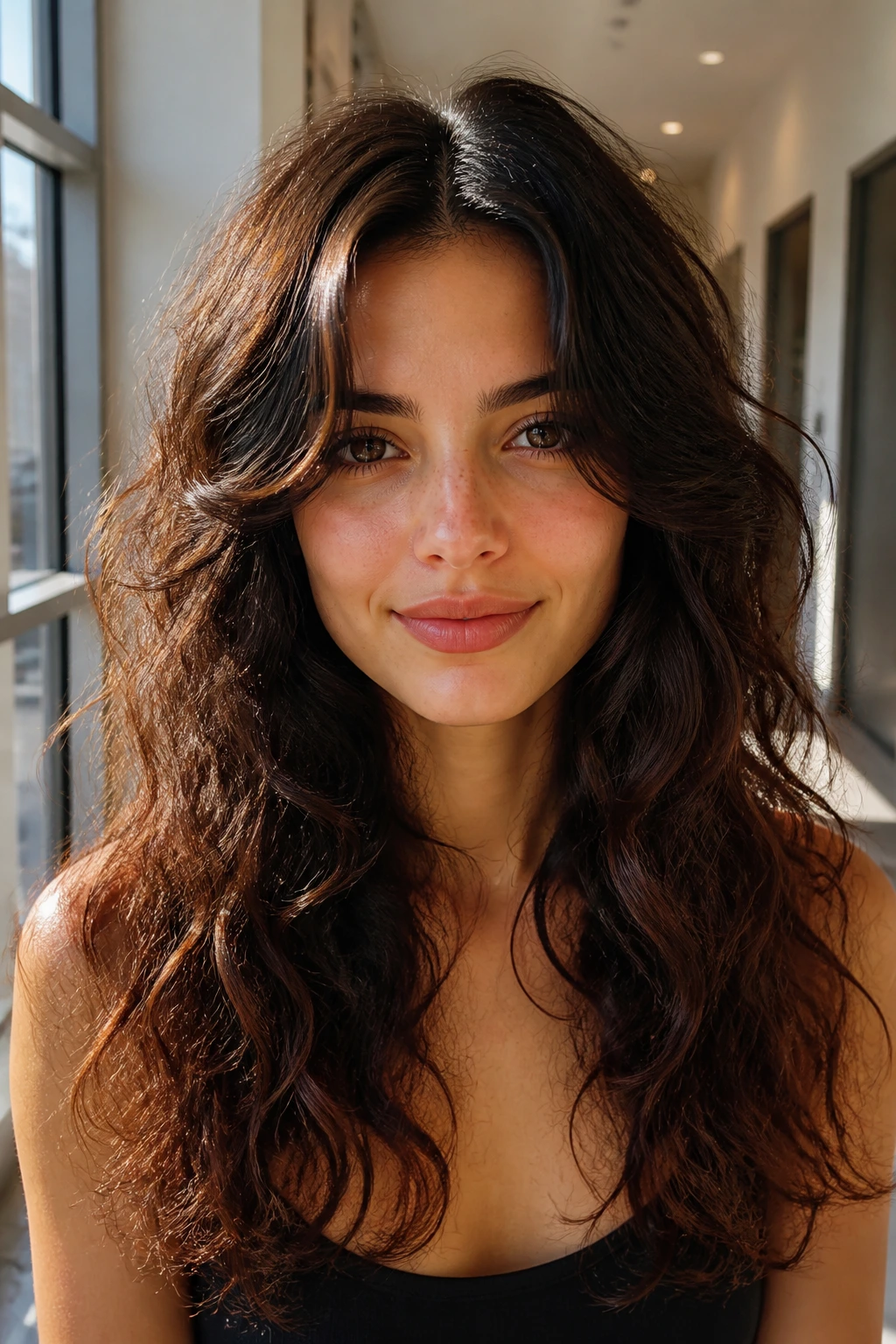Close-up portrait of a woman with curtain-frame center part.