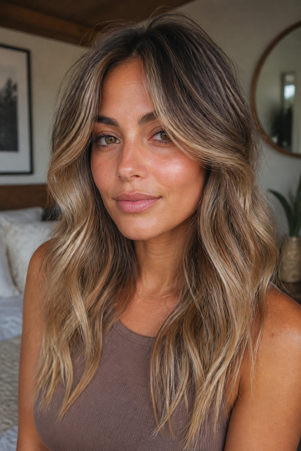Close-up of a real woman with curtain-frame sandy beige ombre on olive skin.