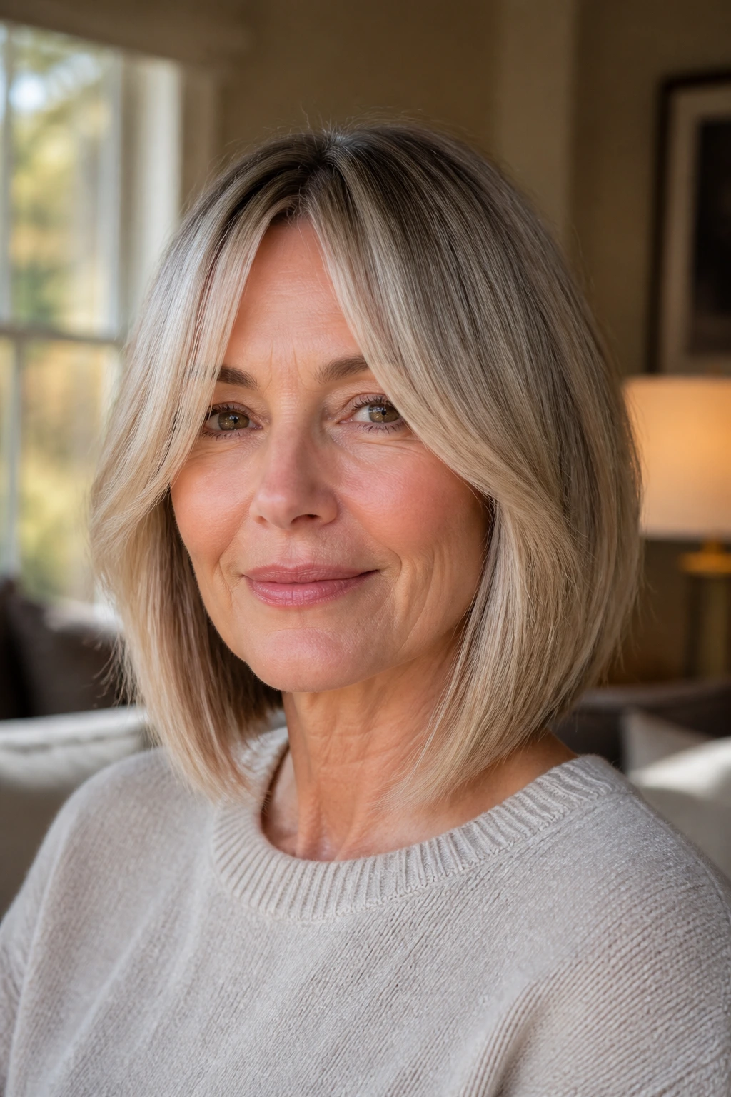 Portrait of real woman with curtain fringe angled bob