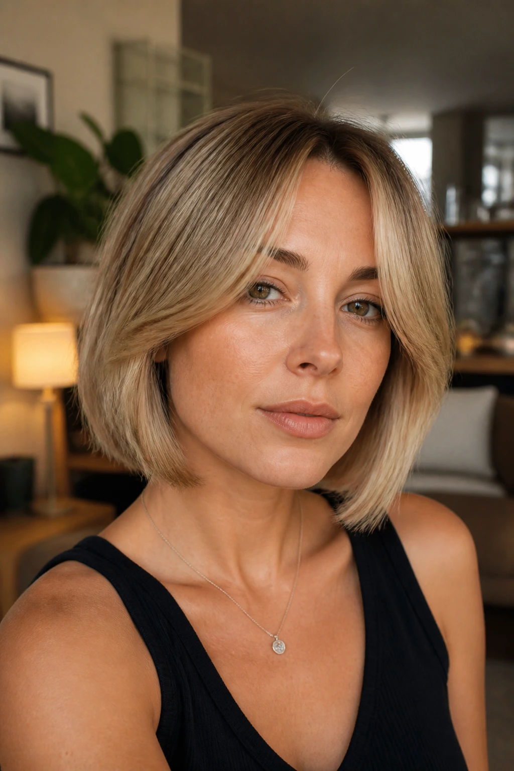 Real woman with curtain fringe bob, soft top line and cheek split