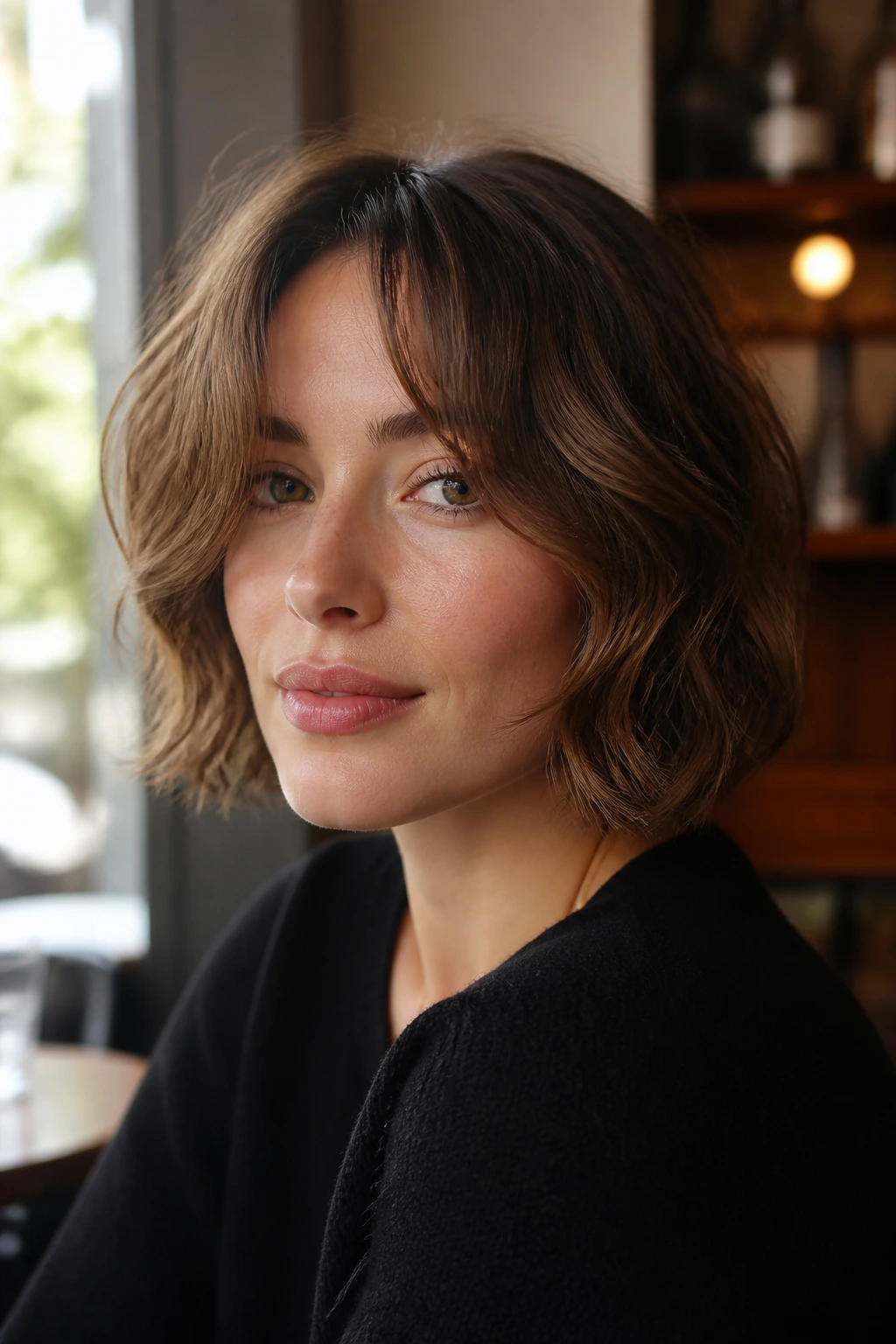 Portrait of a woman with curtain fringe bob grazing cheekbones