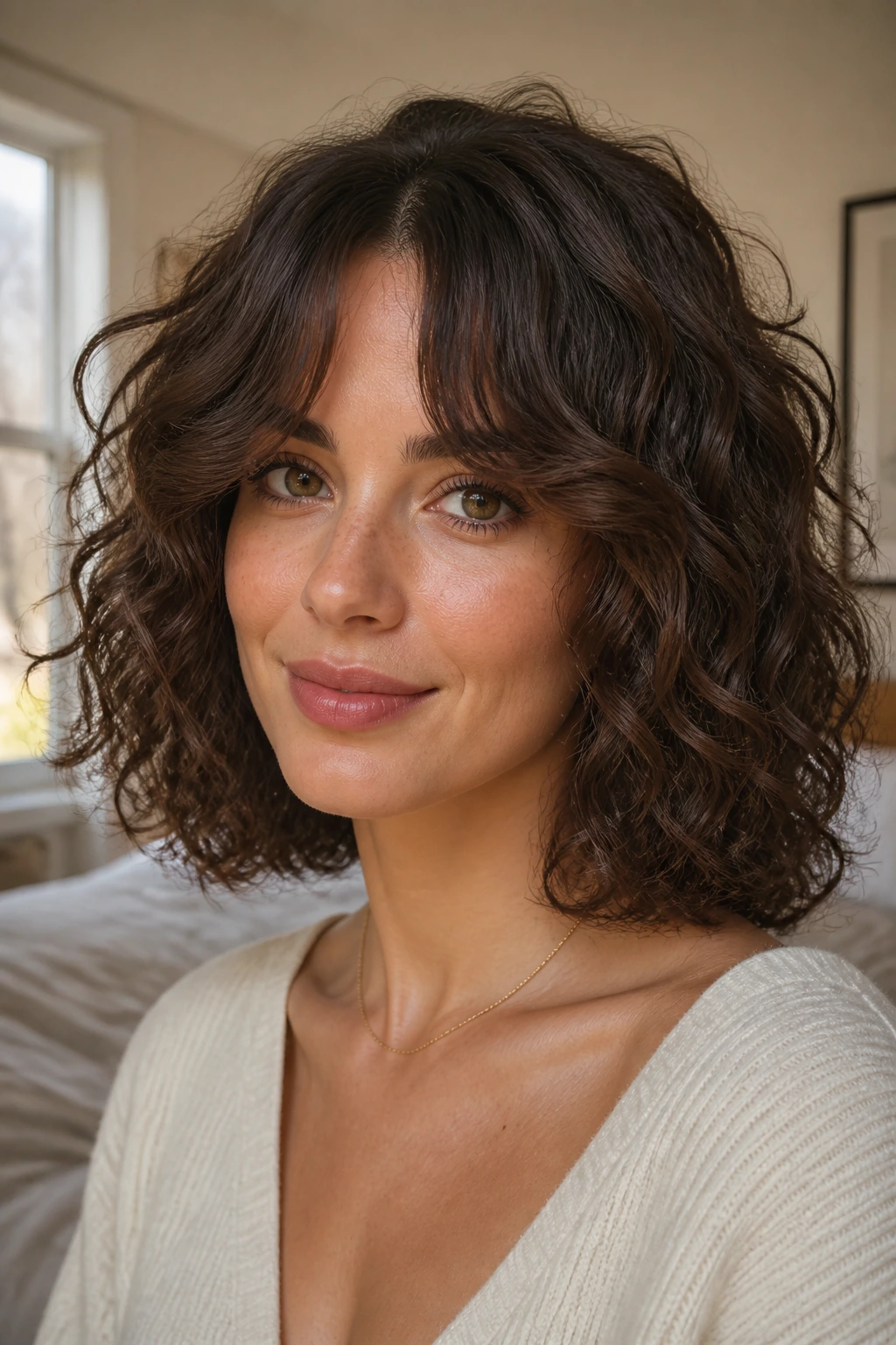 Close-up of a real woman with curtain-fringe curly bob and long bangs framing the face