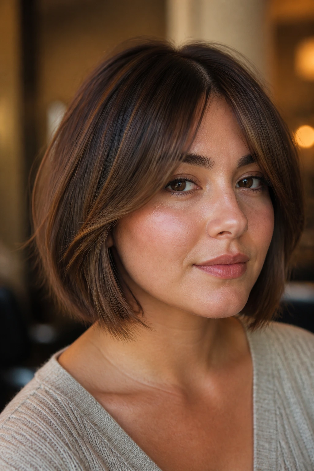 Portrait of a woman with soft angled bob and curtain fringe