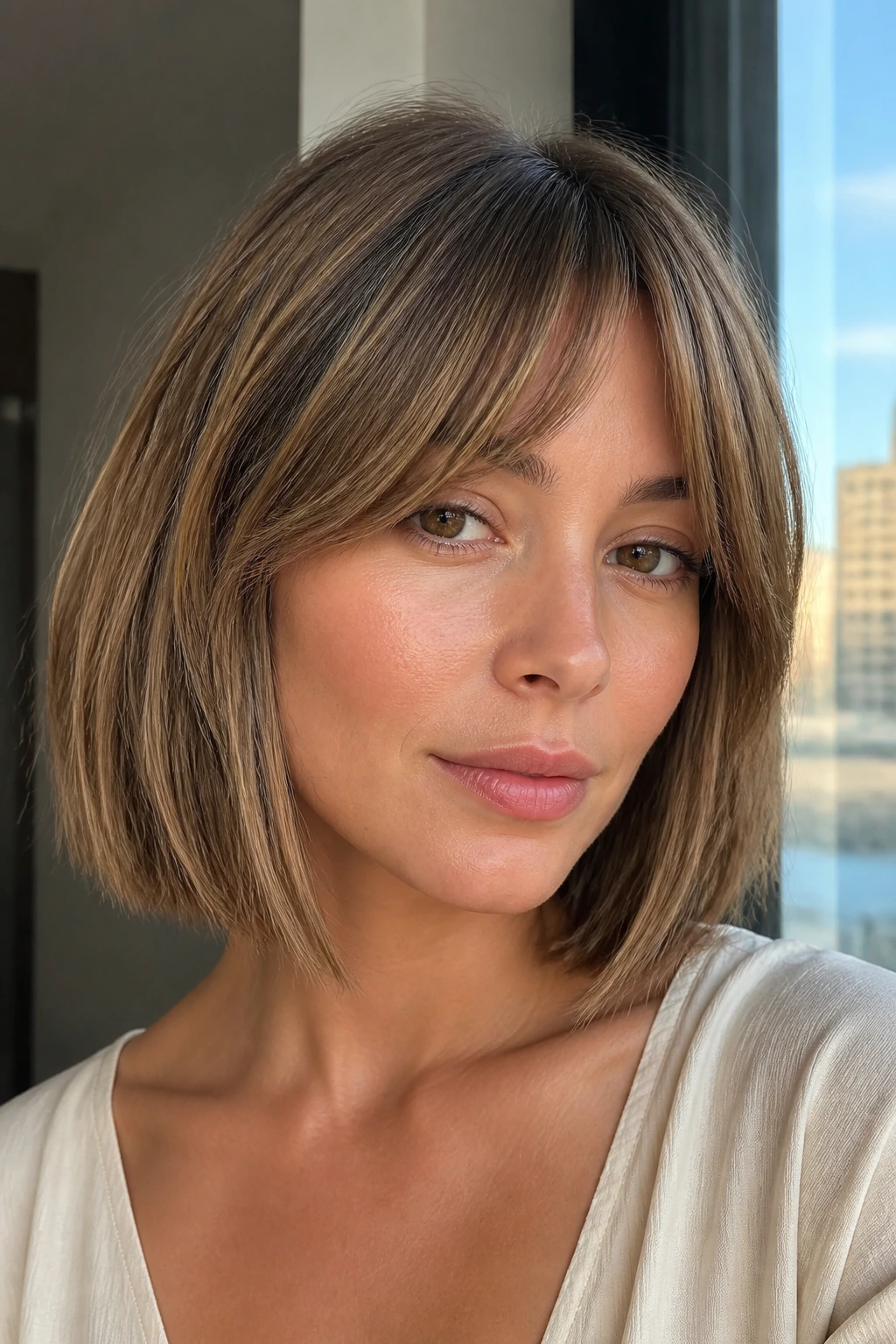 Close-up of a real woman with curtain fringe and walnut lowlights in a straight bob