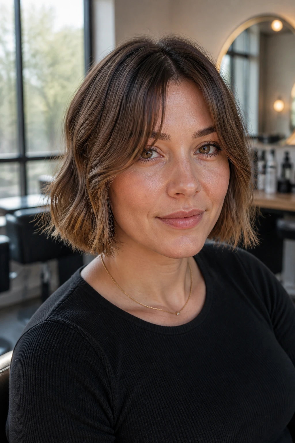 Close-up portrait of a real woman with a boxy bob and grown-out curtain fringe.