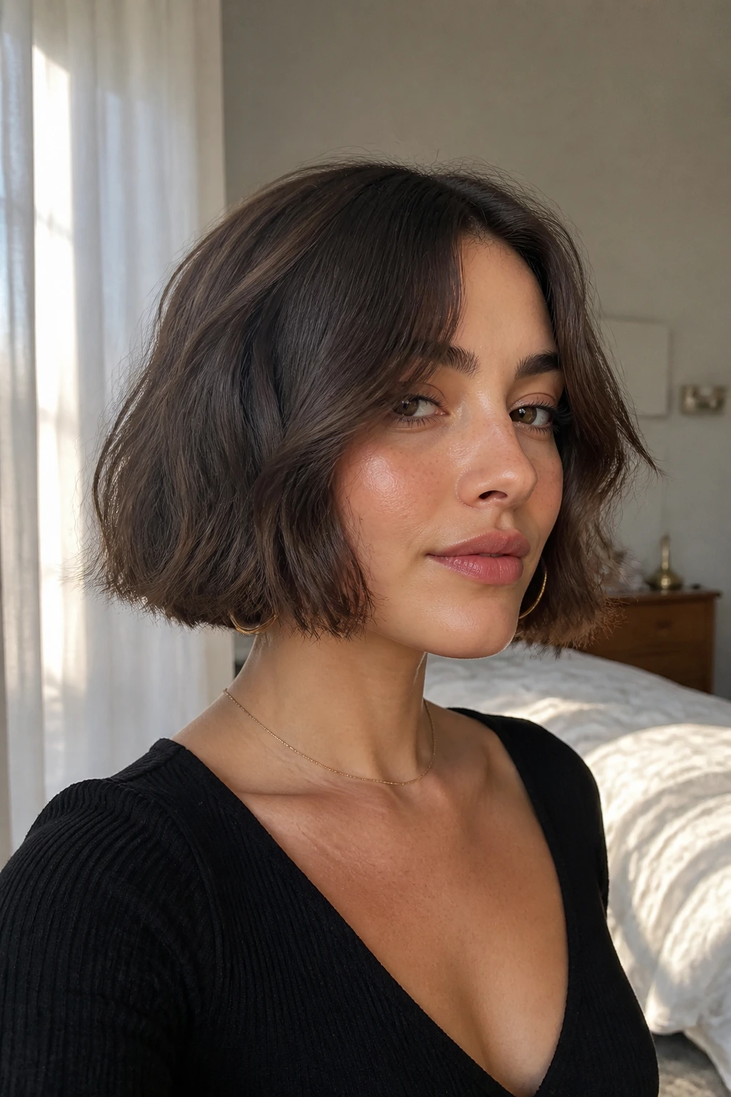 Close-up portrait of a real woman with Curtain-Fringe Center Bob showing curtain fringe and chin-length silhouette in natural window light