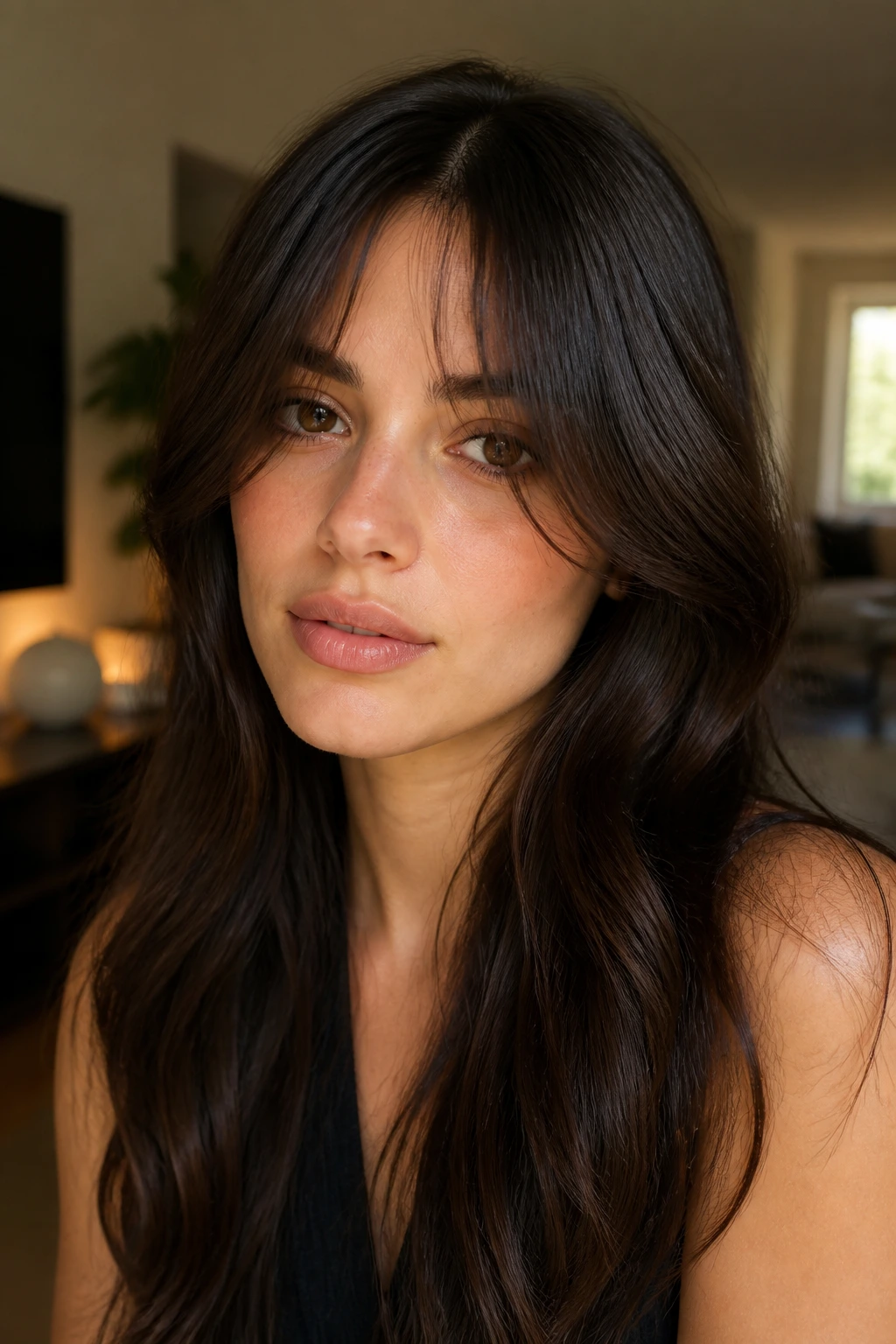 Close-up of a person wearing curtain fringe with cheekbone ends, center above nose bridge