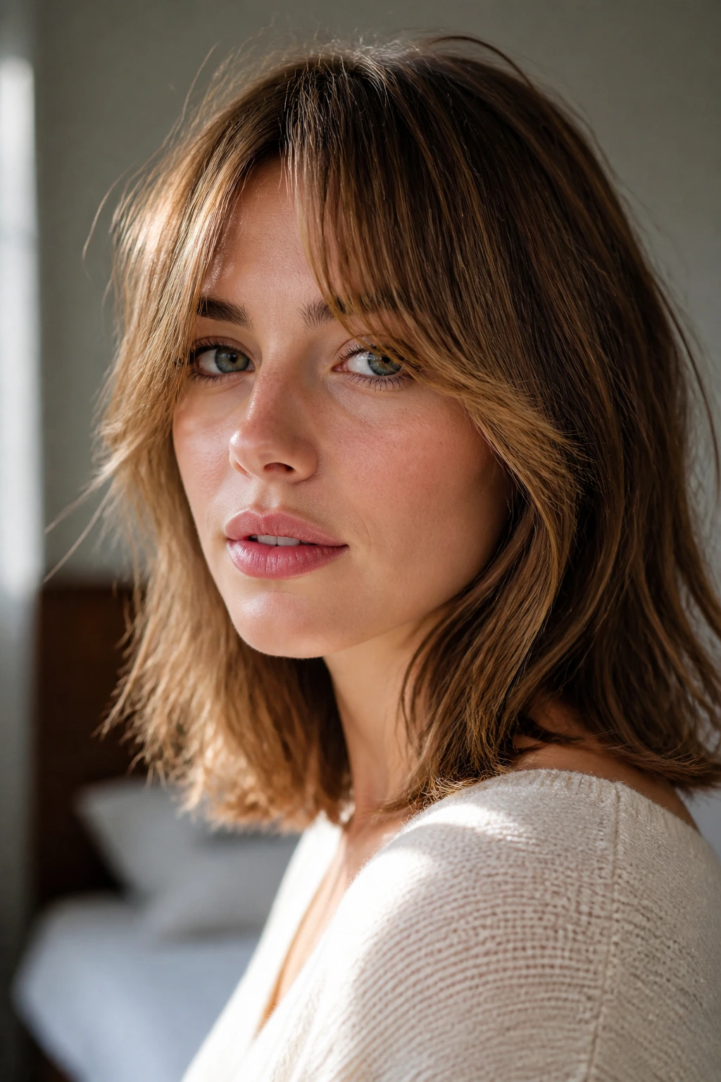 Close-up of feather-light curtain fringe at cheekbone length on a real woman.