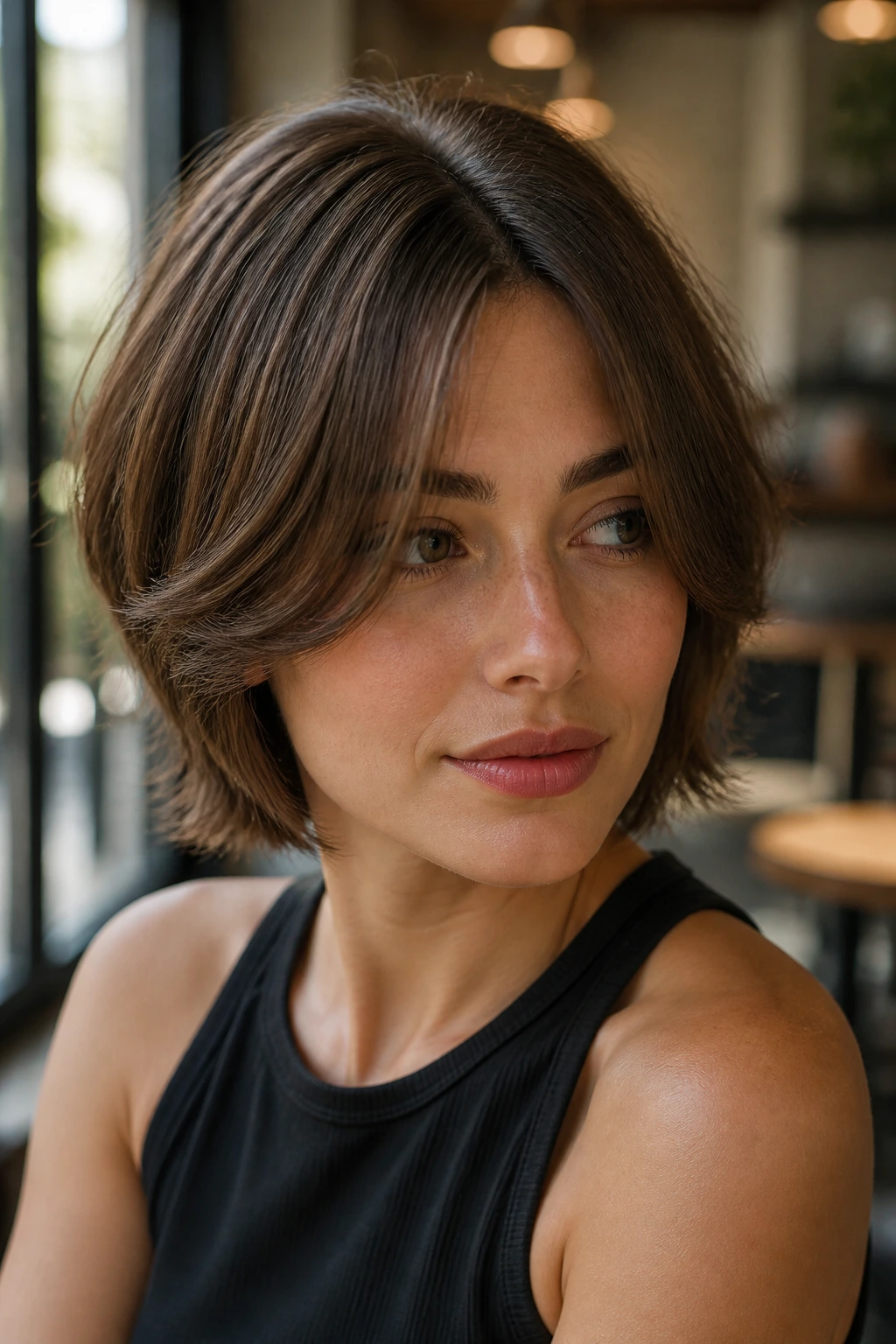 Close-up of a woman with curtain fringe on a bob near a cafe window