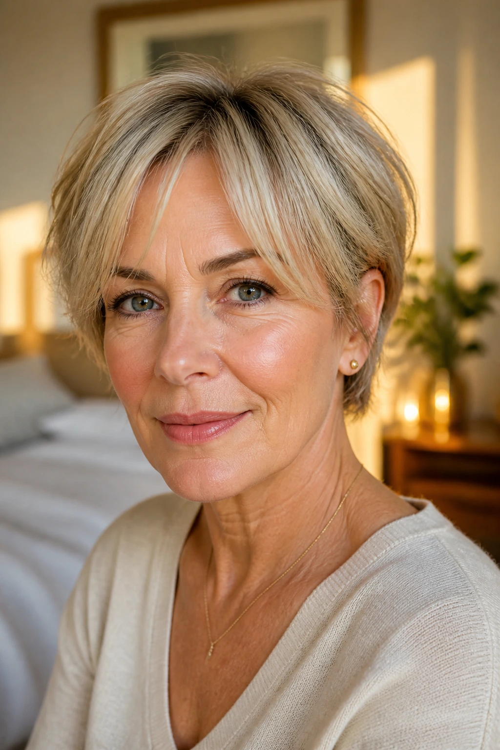 Close-up of a real woman with curtain fringe crop hairstyle in natural light.
