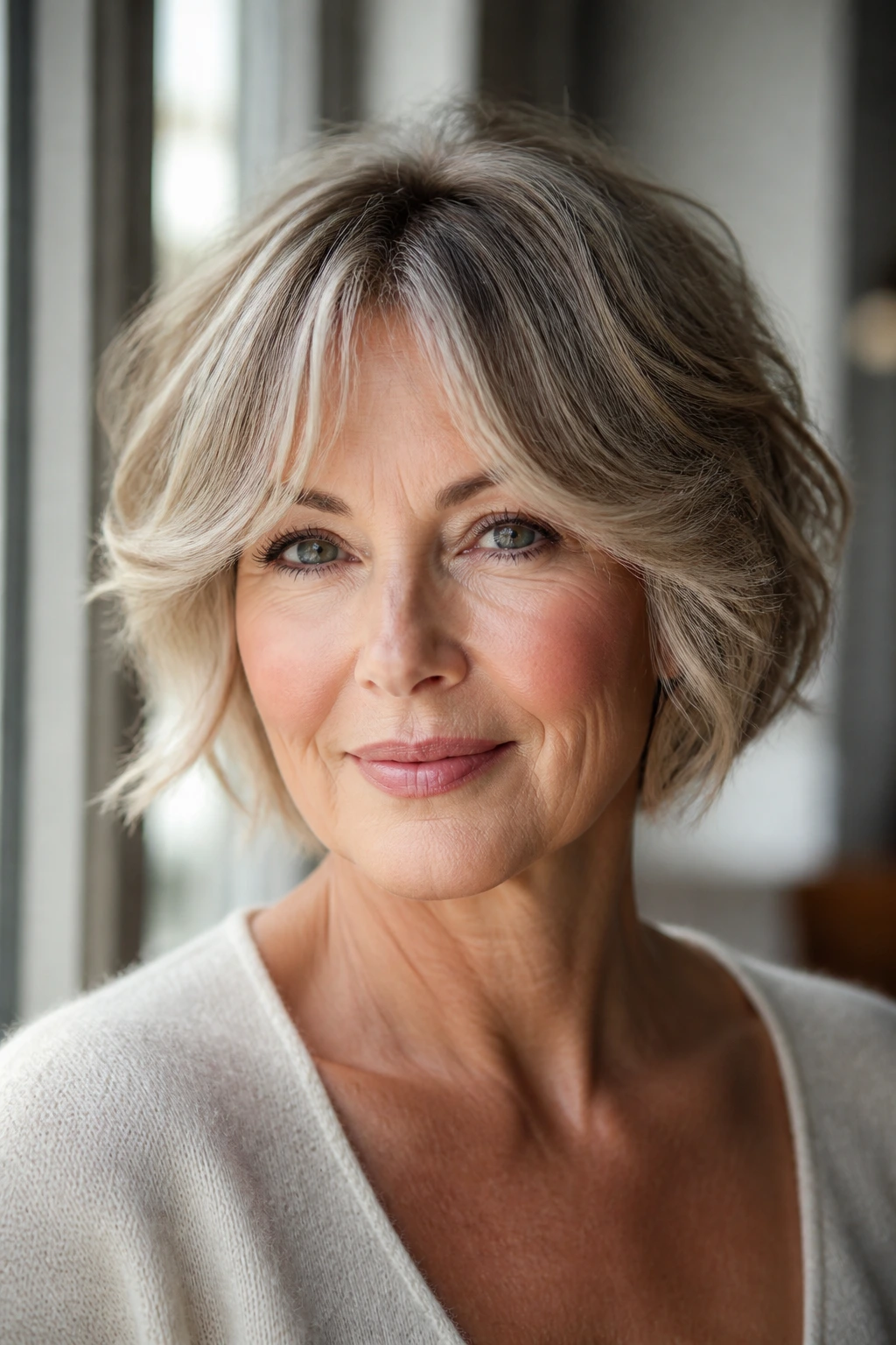 Close-up of a woman with curtain fringe crop hairstyle and cheekbone-starting fringe