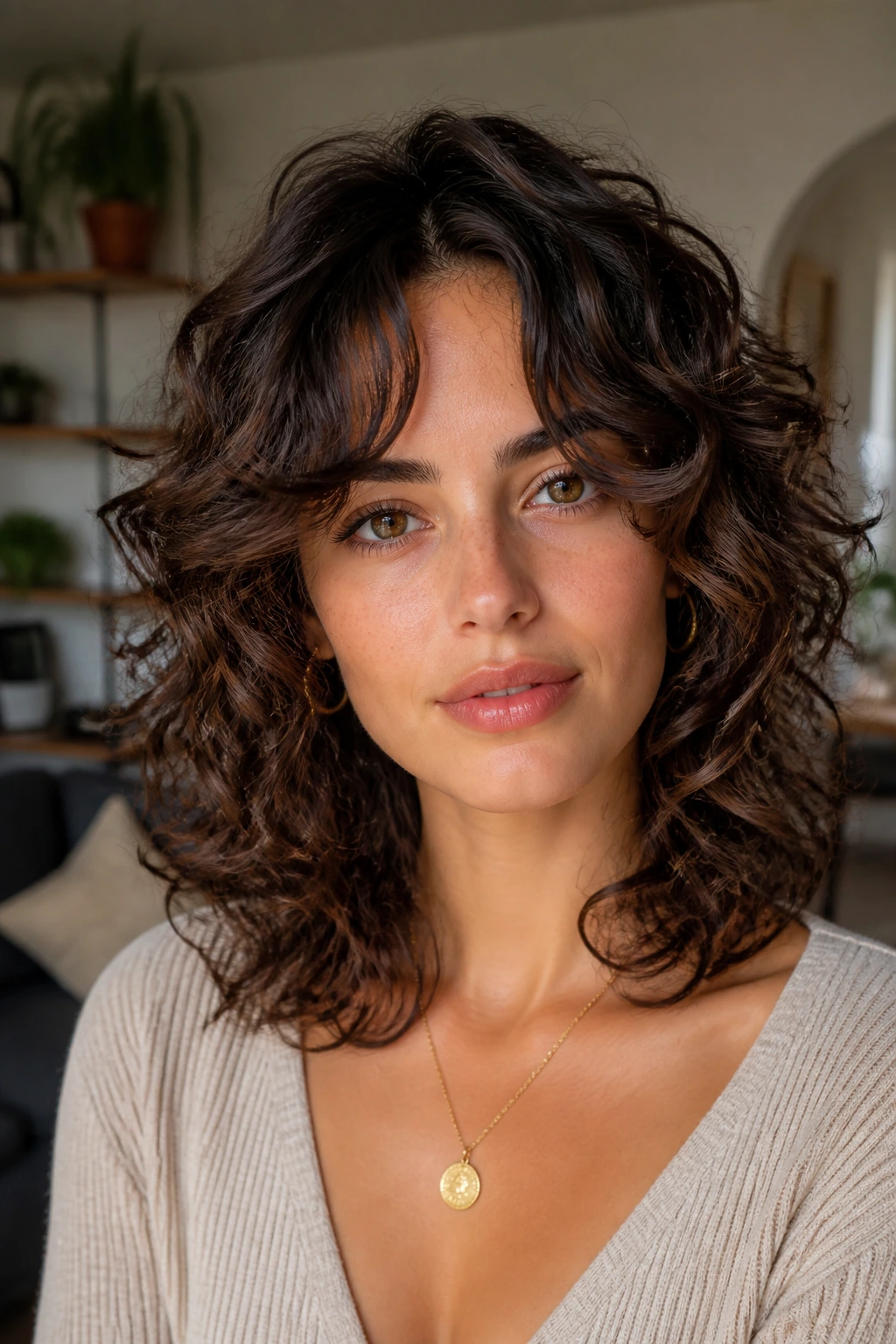Close-up of a person with long curtain fringe and medium curly cut