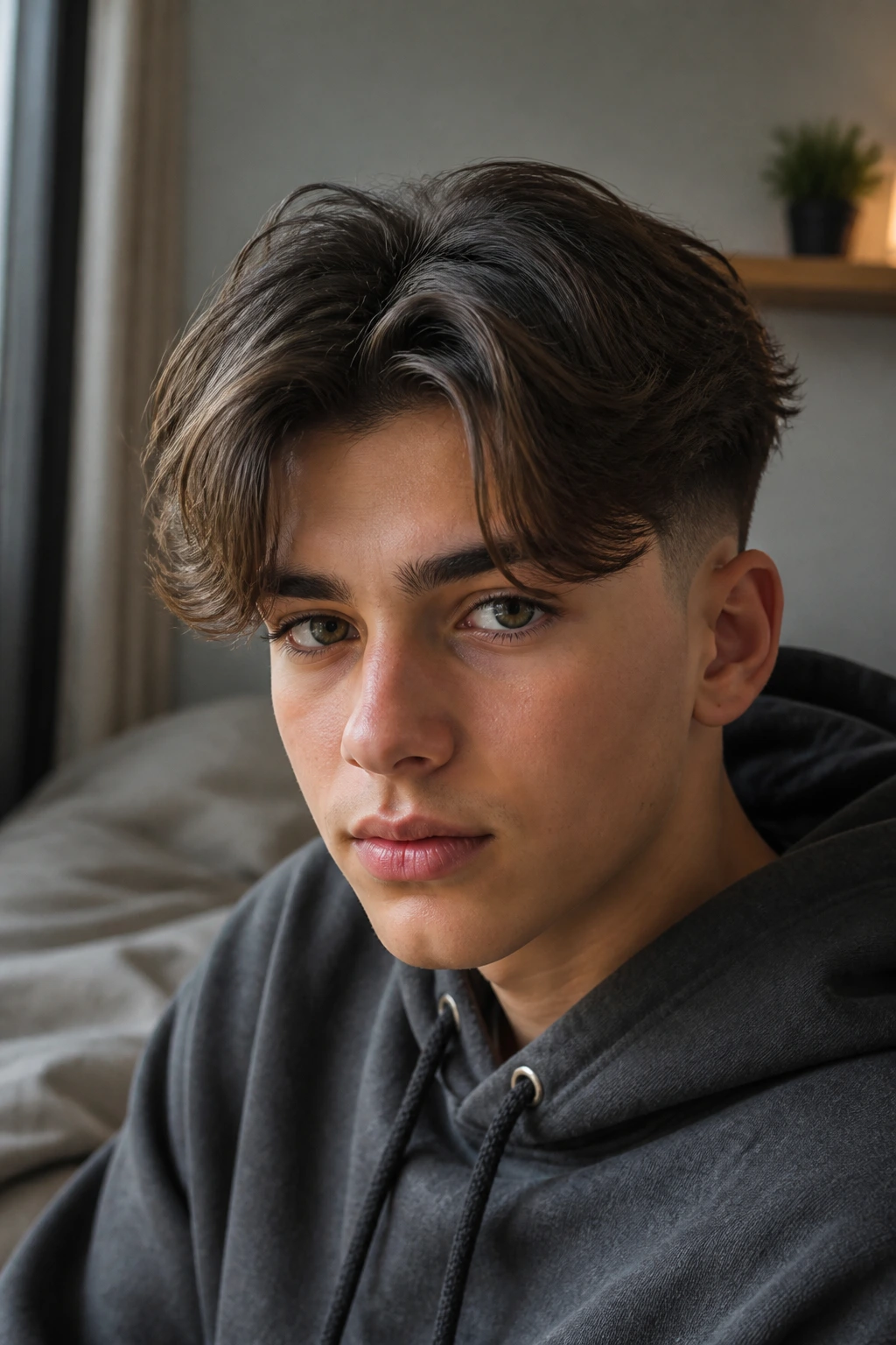 Close-up teen portrait with curtain fringe and faded sides.