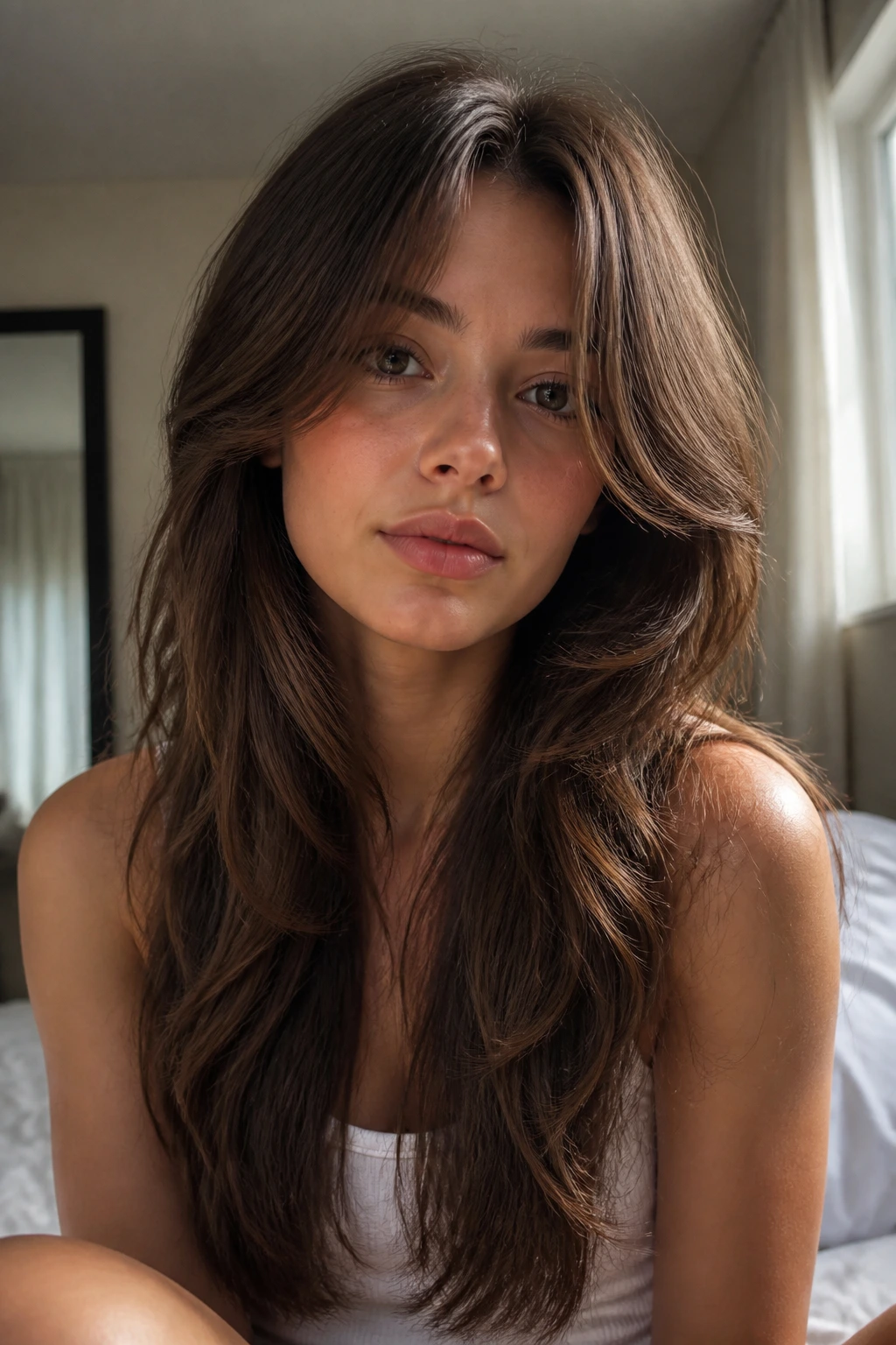 Close-up of a woman with curtain fringe and feathered layers in soft bedroom light