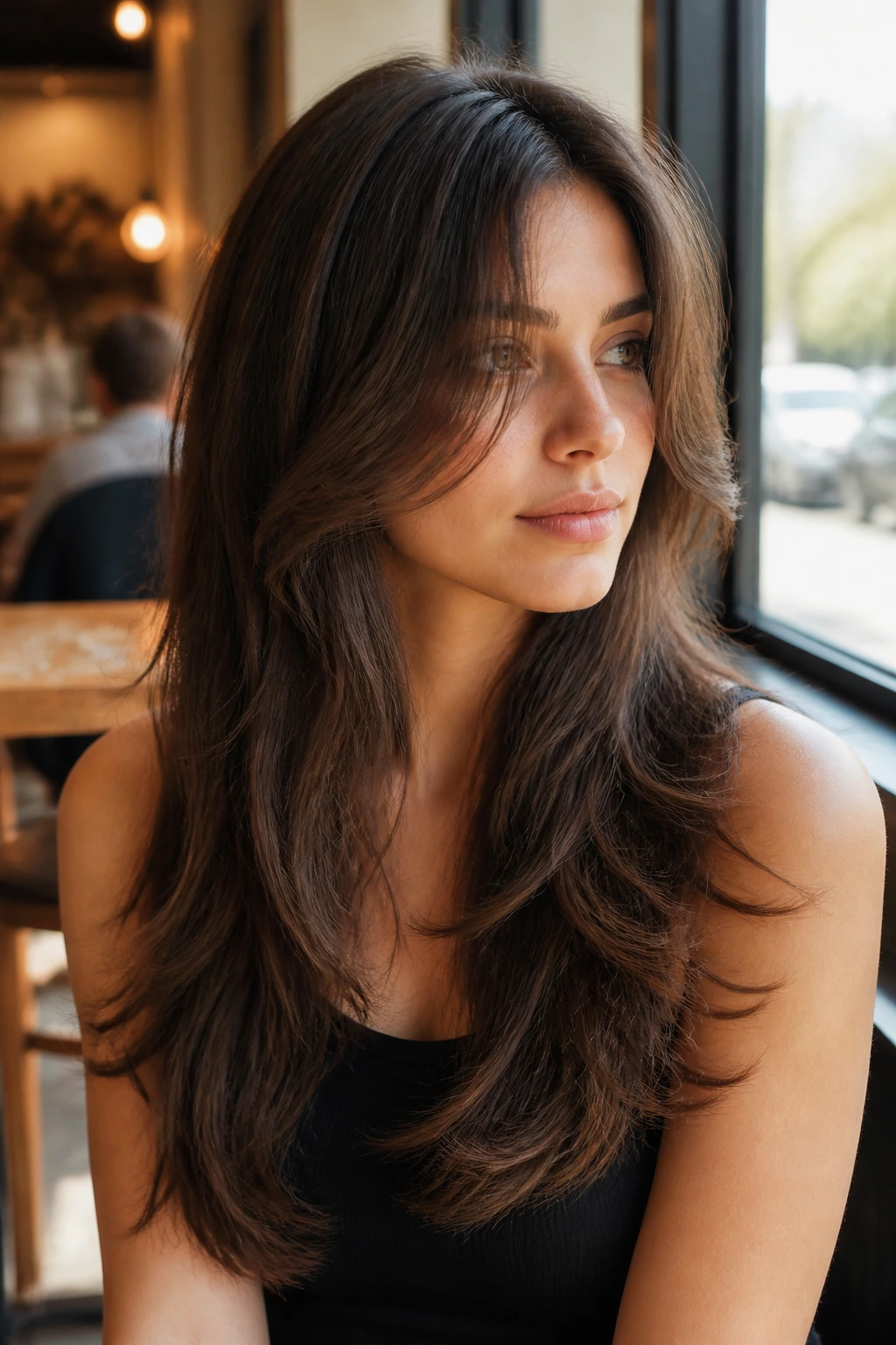 Portrait of a woman with long curtain fringe and feathered ends