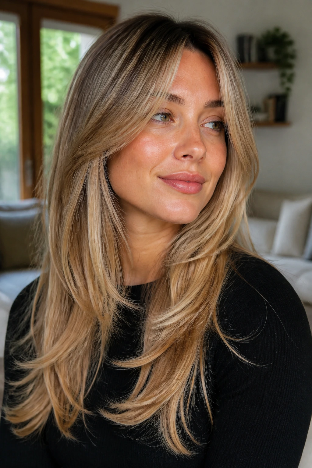 Close-up of a woman with soft curtain fringe and feathered ends.
