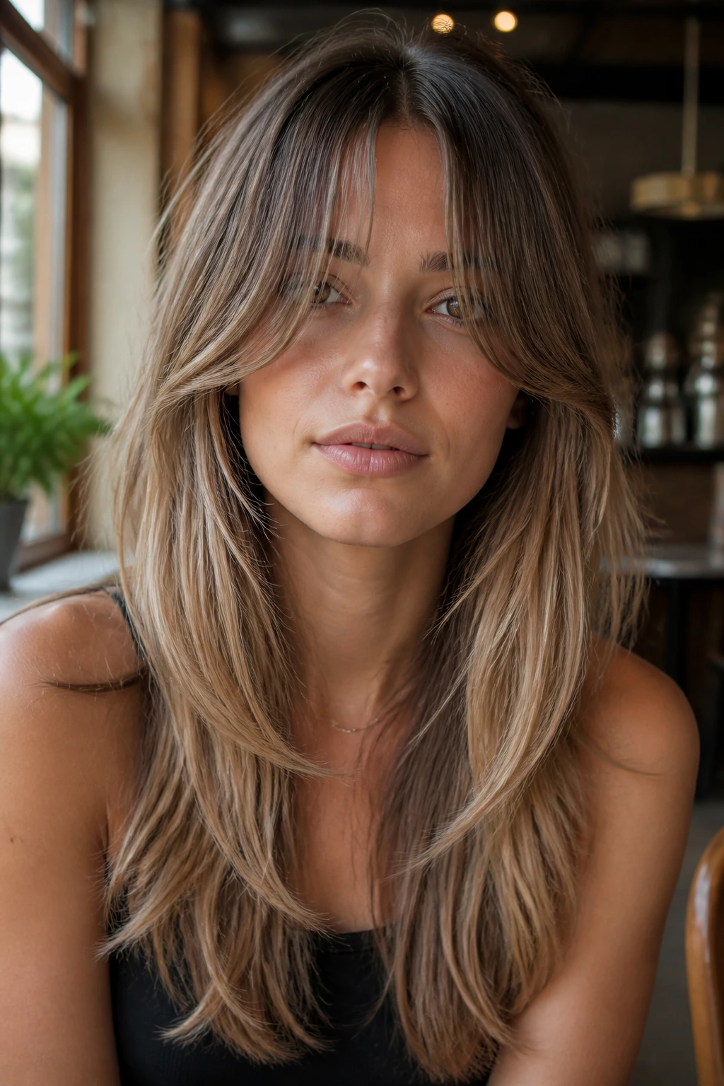 Close-up of curtain fringe with floating sides framing a real woman's face
