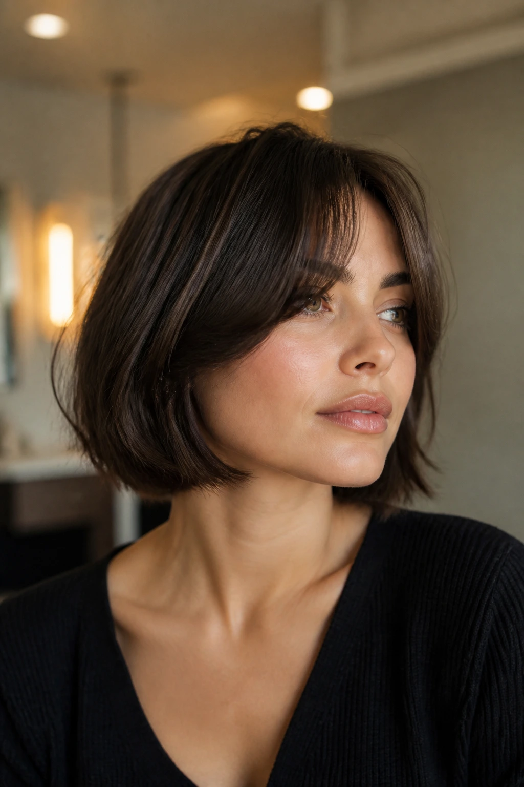 Person with curtain fringe French bob in a portrait