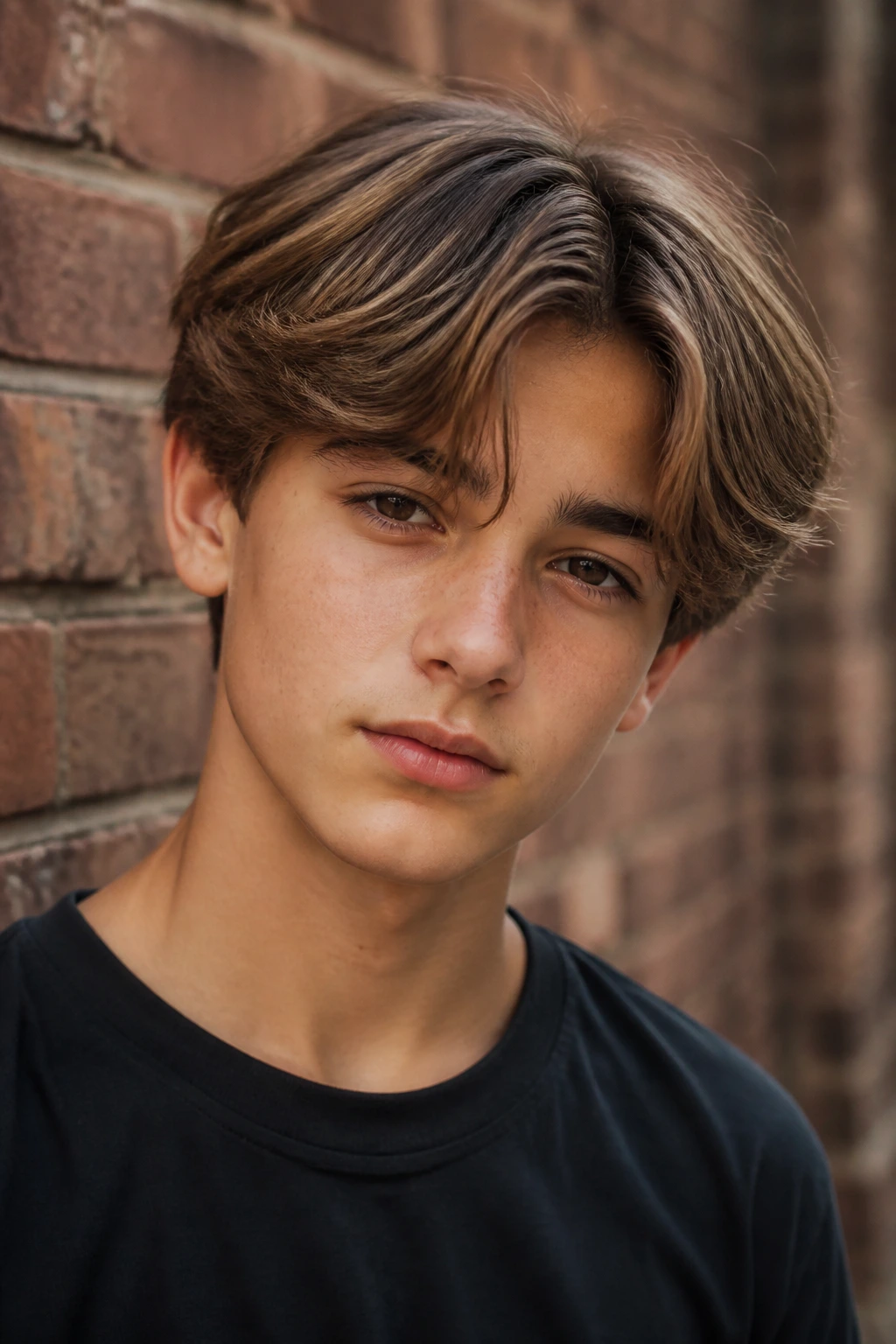 Portrait of a real boy with curtain fringe and light layers in an urban setting.