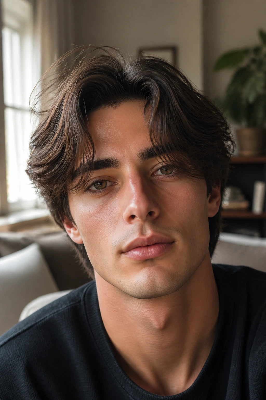 Man with curtain fringe hairstyle in living room setting