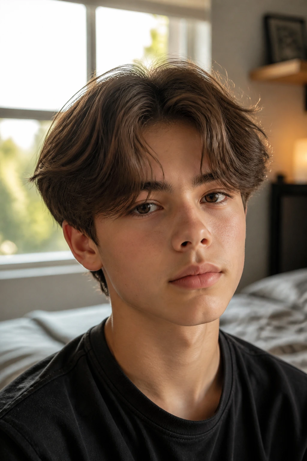 Close-up portrait of a real boy with curtain fringe and soft layers