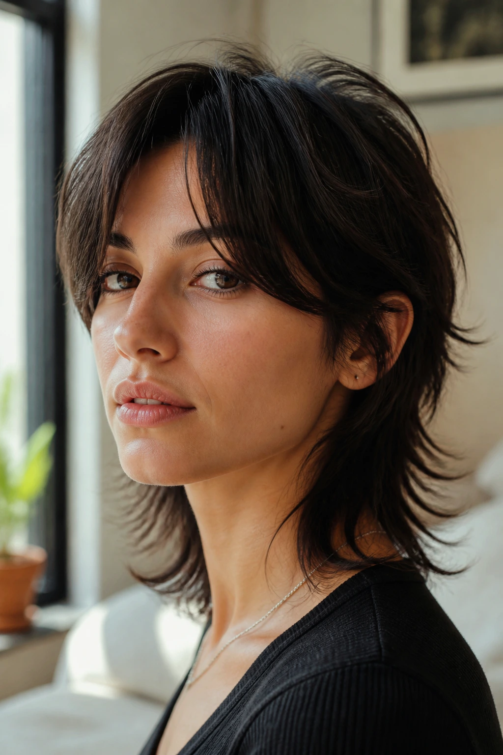 Portrait of a real person with curtain fringe and lived-in tail on straight hair