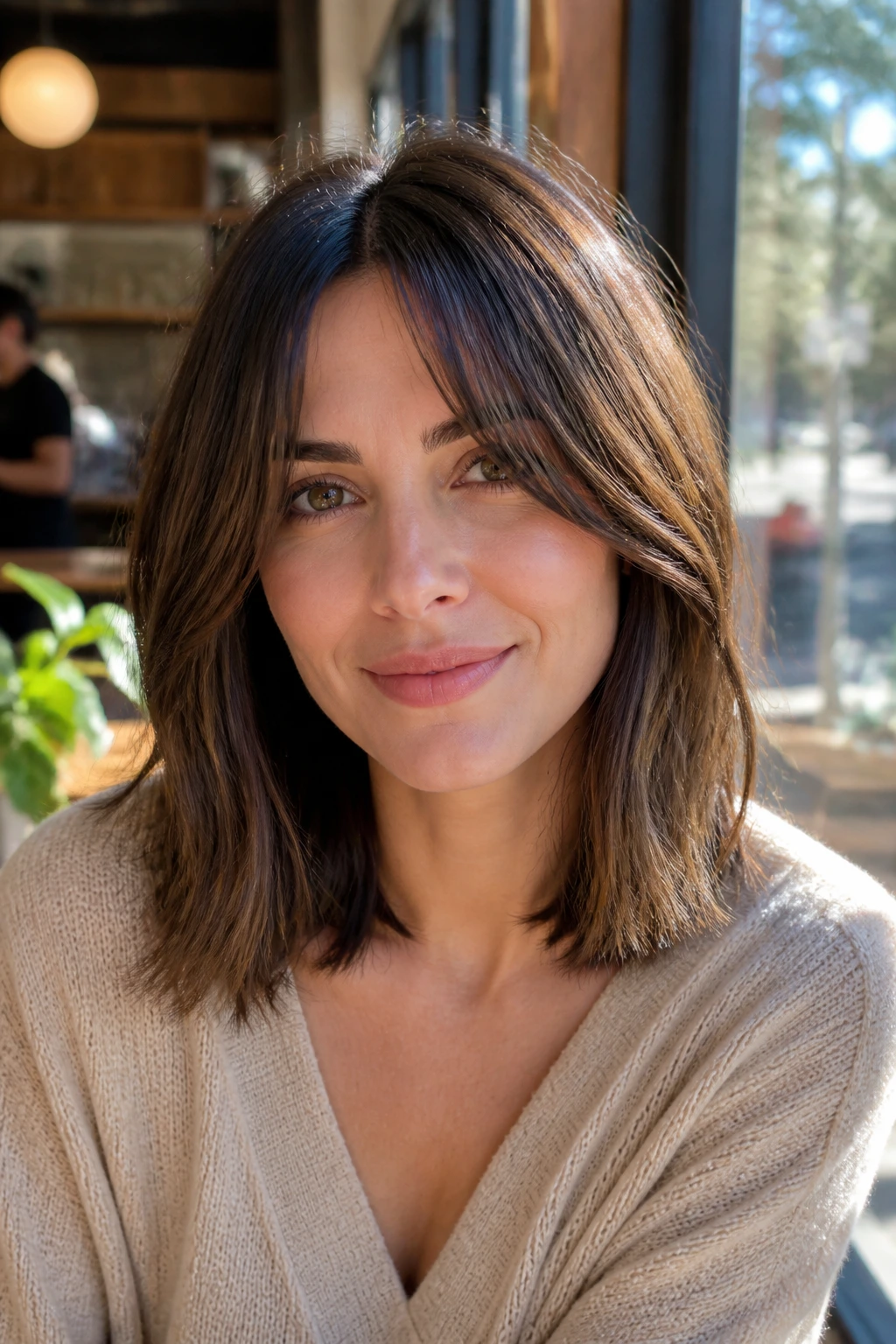 Close-up of a real woman with a soft curtain fringe lob, collarbone-length on a square face.