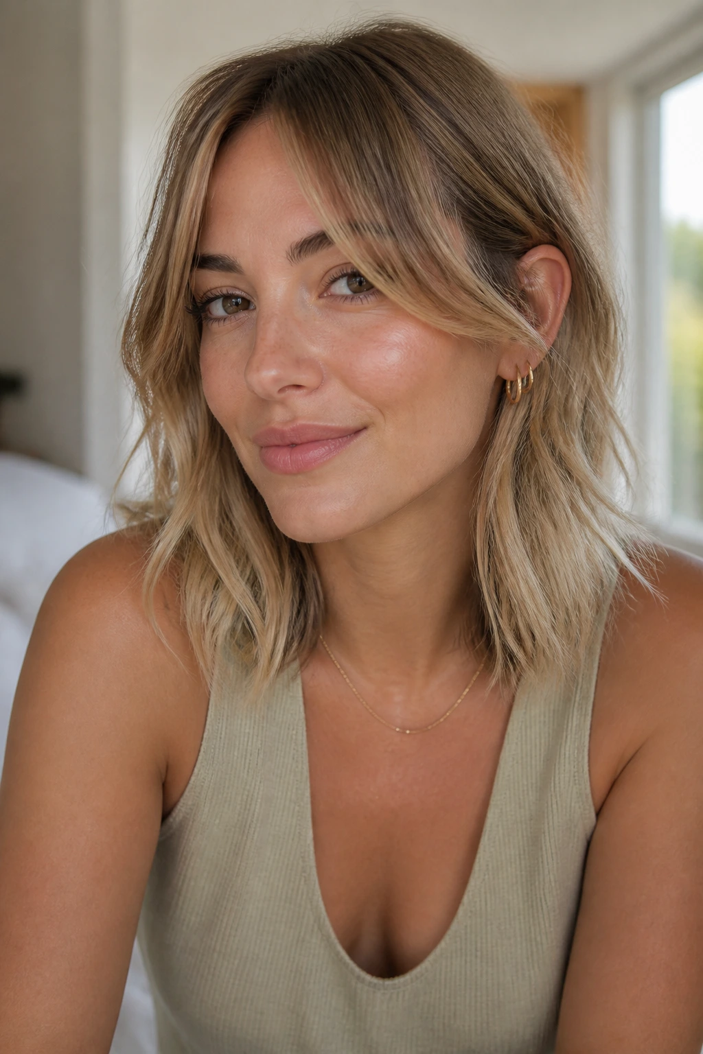 Close-up portrait of a woman with curtain fringe lob shag behind-the-ears fringe.